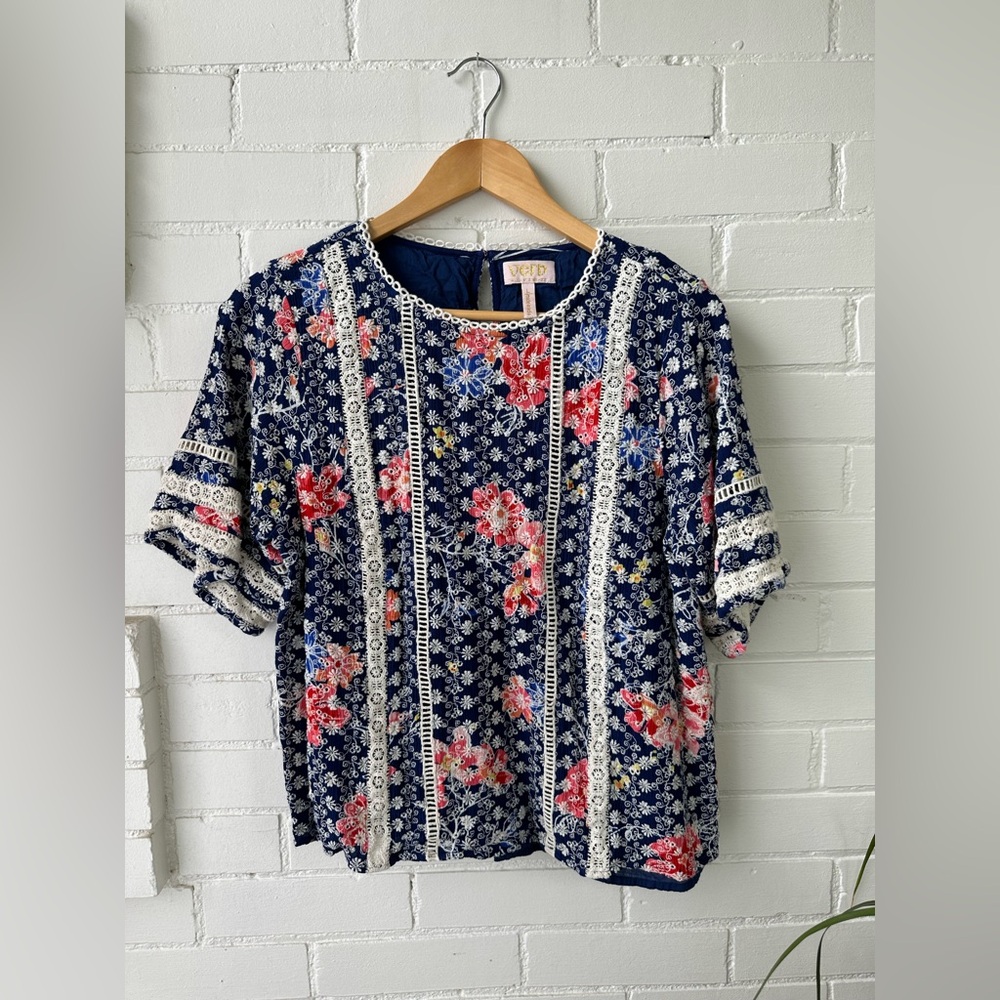 Blue and White Boxy Flutter Sleeve Top